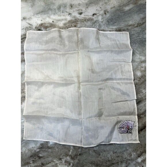 VINTAGE silk-like handkerchief embroideried Japanese Fan Lotus Flower Two Ducks - Picture 7 of 7